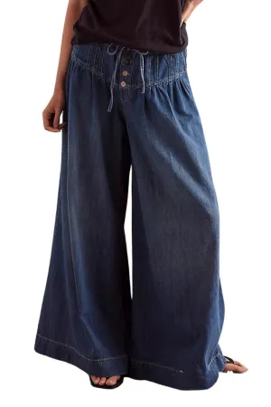 Chouyatou Women's Baggy Wide Leg Denim Pants Drawstring Midi Waisted Flare Jeans Ruffle Pleated Button Jeans