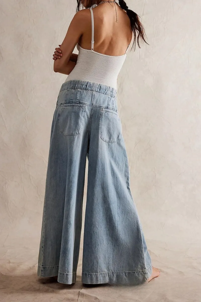 Chouyatou Women's Baggy Wide Leg Denim Pants Drawstring Midi Waisted Flare Jeans Ruffle Pleated Button Jeans