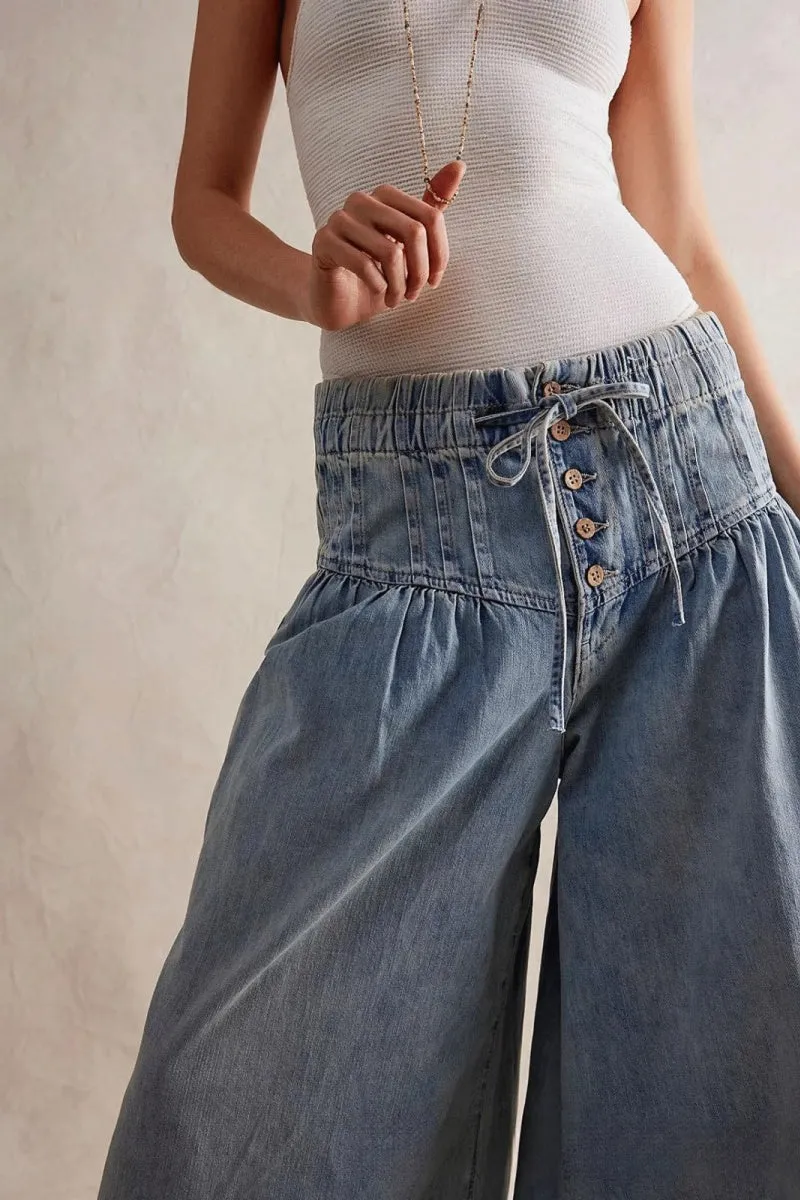 Chouyatou Women's Baggy Wide Leg Denim Pants Drawstring Midi Waisted Flare Jeans Ruffle Pleated Button Jeans