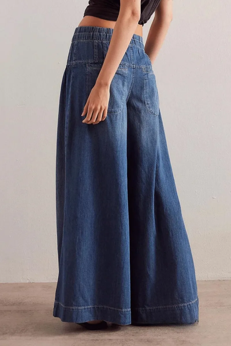 Chouyatou Women's Baggy Wide Leg Denim Pants Drawstring Midi Waisted Flare Jeans Ruffle Pleated Button Jeans