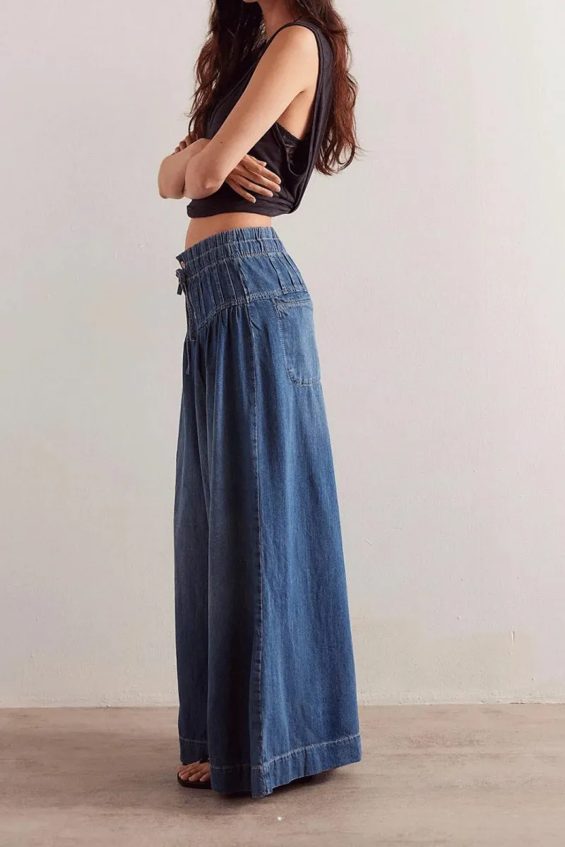 Chouyatou Women's Baggy Wide Leg Denim Pants Drawstring Midi Waisted Flare Jeans Ruffle Pleated Button Jeans