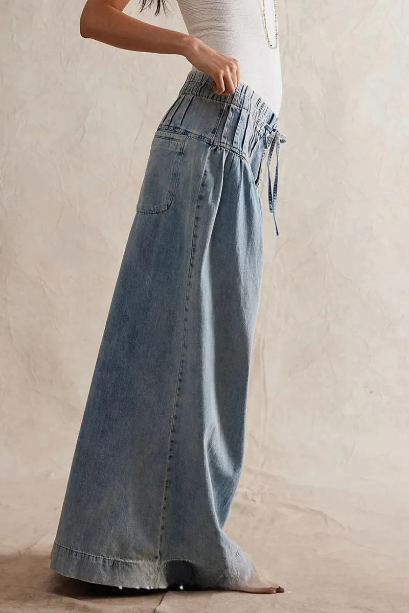 Chouyatou Women's Baggy Wide Leg Denim Pants Drawstring Midi Waisted Flare Jeans Ruffle Pleated Button Jeans