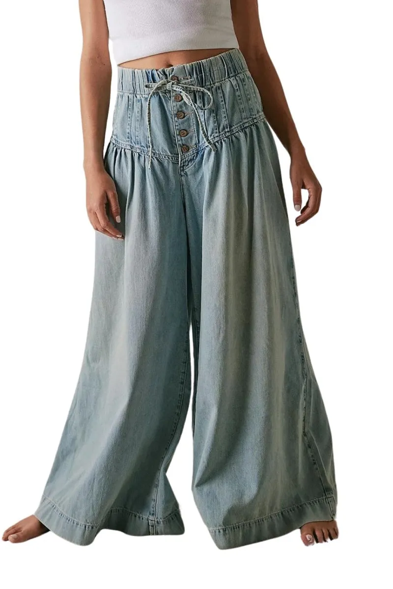 Chouyatou Women's Baggy Wide Leg Denim Pants Drawstring Midi Waisted Flare Jeans Ruffle Pleated Button Jeans