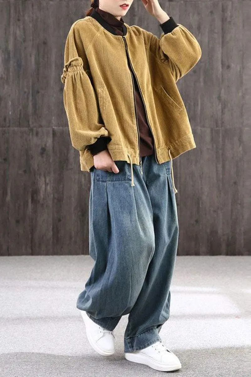 Chouyatou Women's Denim Harem Pants Elastic Waist Pleated Wide Leg Baggy Jeans