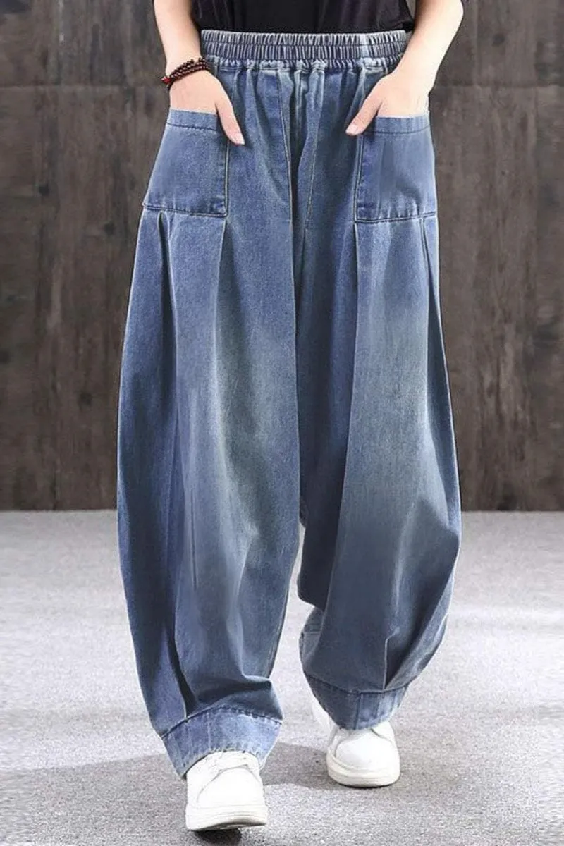 Chouyatou Women's Denim Harem Pants Elastic Waist Pleated Wide Leg Baggy Jeans