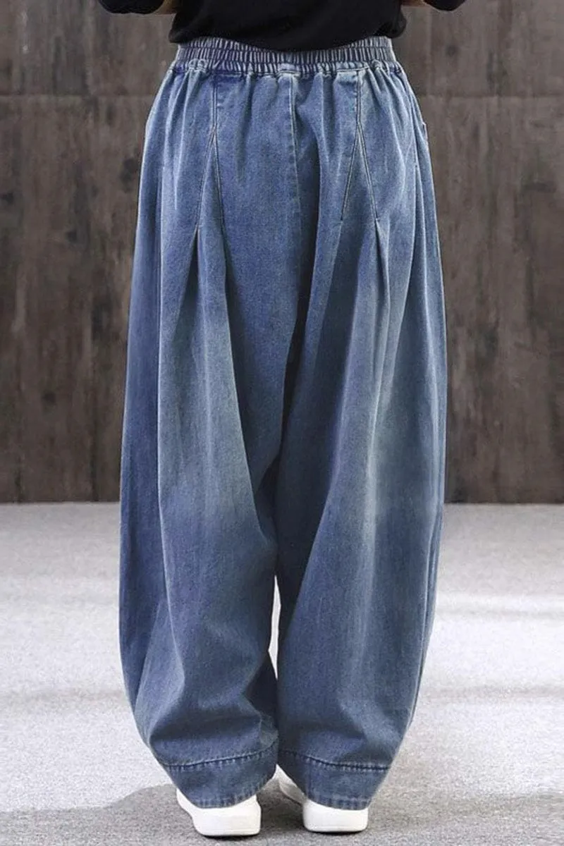 Chouyatou Women's Denim Harem Pants Elastic Waist Pleated Wide Leg Baggy Jeans