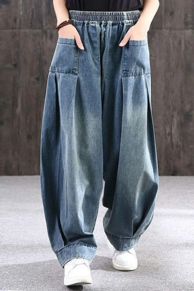 Chouyatou Women's Denim Harem Pants Elastic Waist Pleated Wide Leg Baggy Jeans