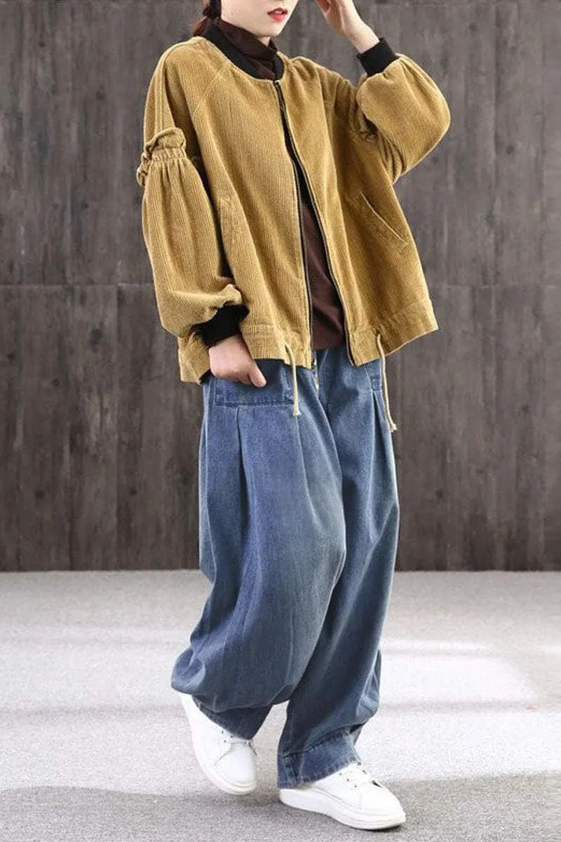 Chouyatou Women's Denim Harem Pants Elastic Waist Pleated Wide Leg Baggy Jeans