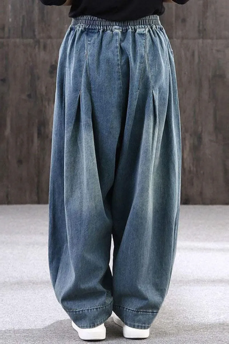 Chouyatou Women's Denim Harem Pants Elastic Waist Pleated Wide Leg Baggy Jeans