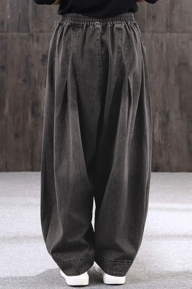 Chouyatou Women's Denim Harem Pants Elastic Waist Pleated Wide Leg Baggy Jeans