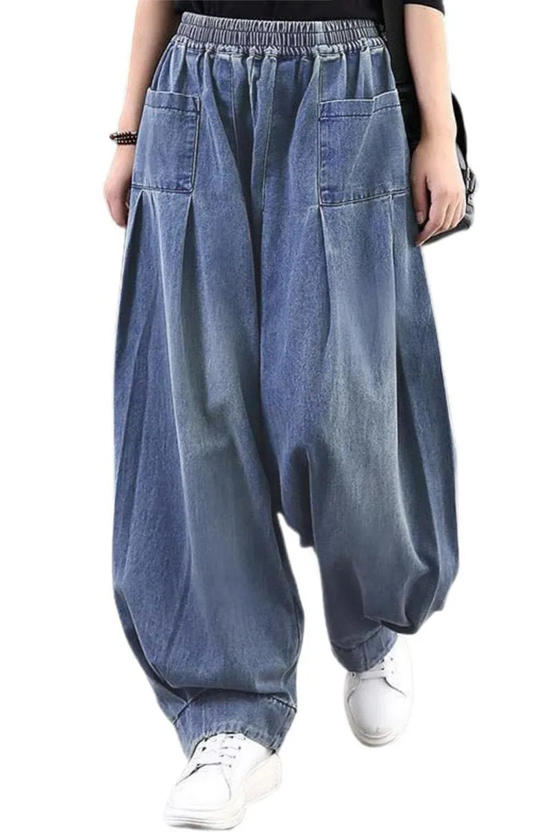 Chouyatou Women's Denim Harem Pants Elastic Waist Pleated Wide Leg Baggy Jeans