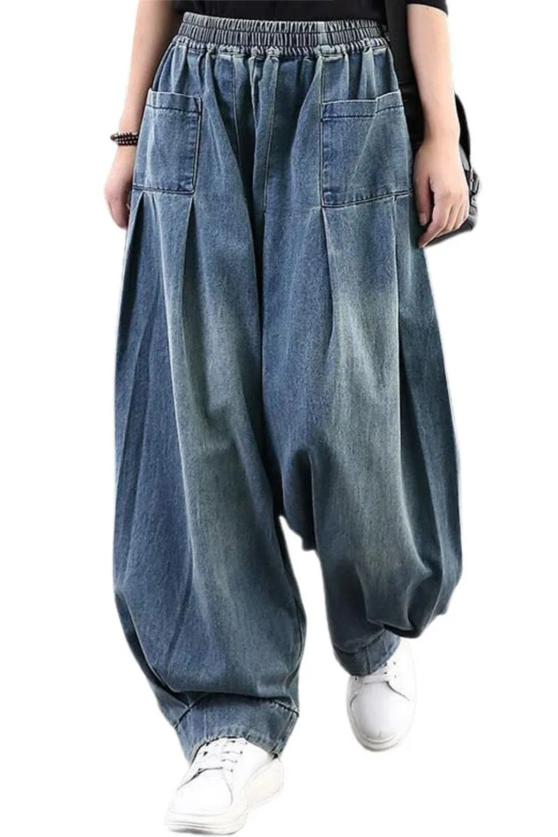 Chouyatou Women's Denim Harem Pants Elastic Waist Pleated Wide Leg Baggy Jeans