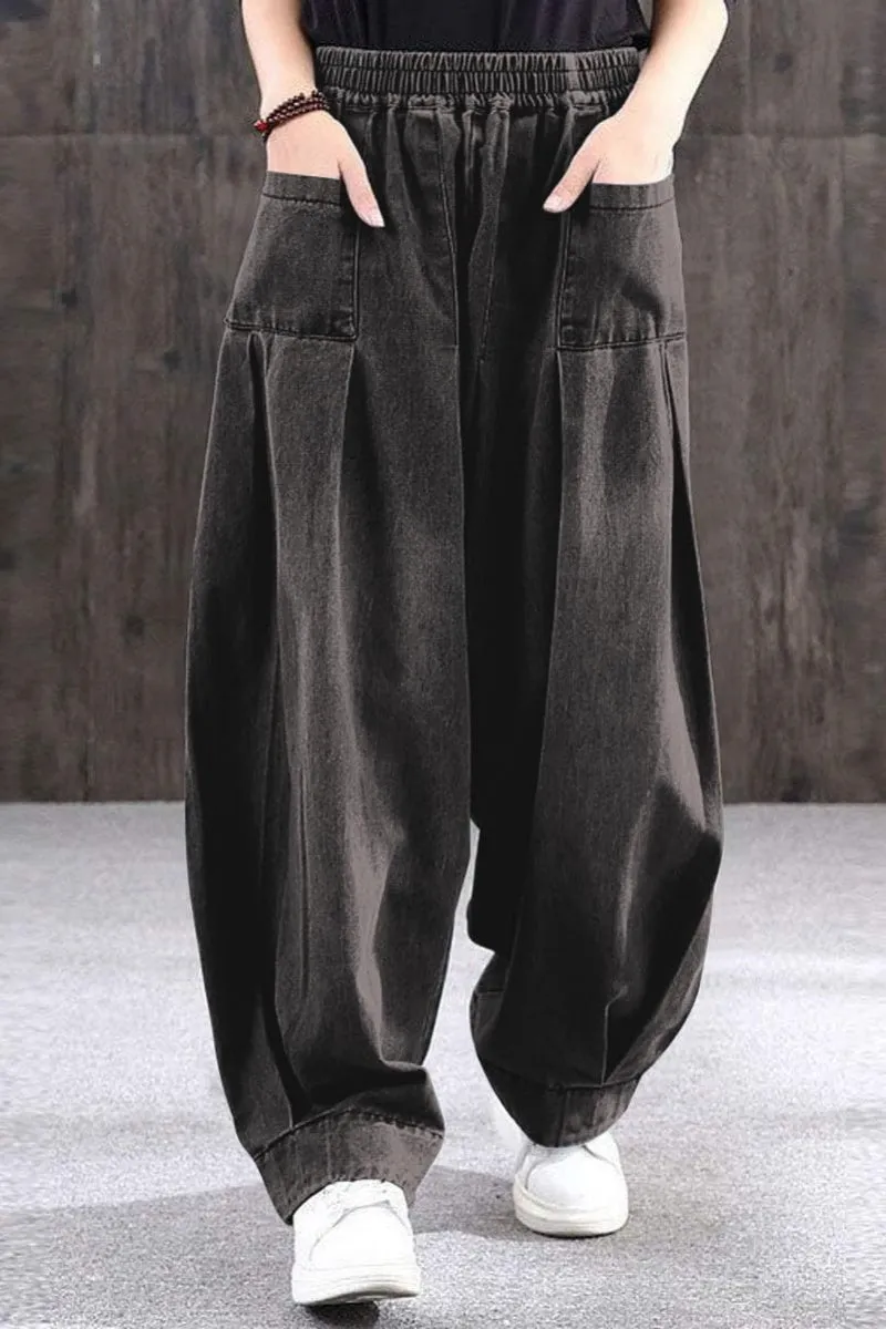 Chouyatou Women's Denim Harem Pants Elastic Waist Pleated Wide Leg Baggy Jeans
