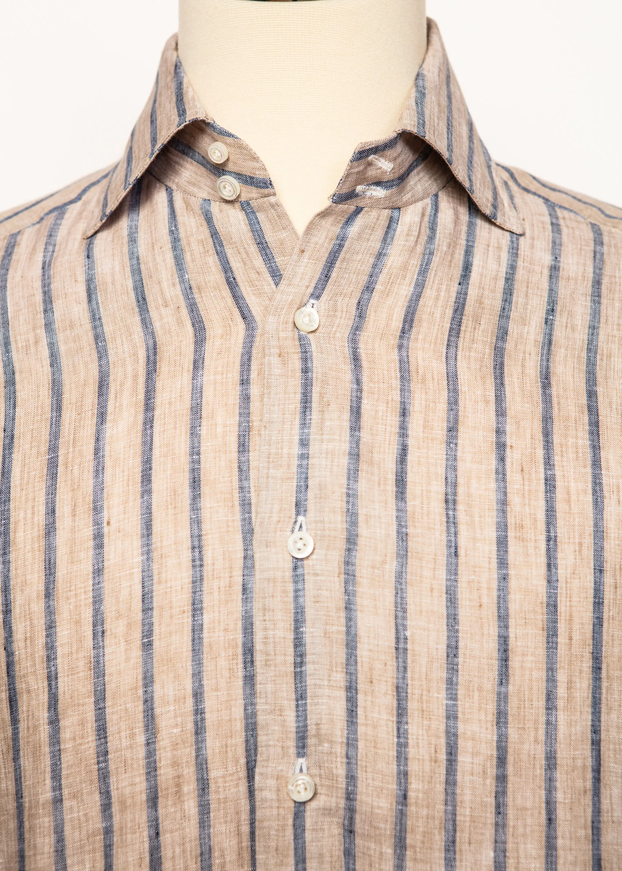 Classic Shirt in Tan With Blue Awning Stripe