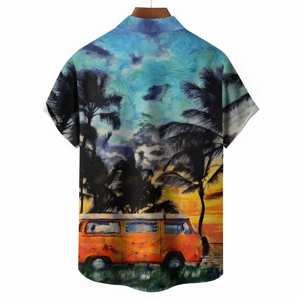 Coconut Tree And Bus Print Casual Short Sleeve Shirt 2412003116