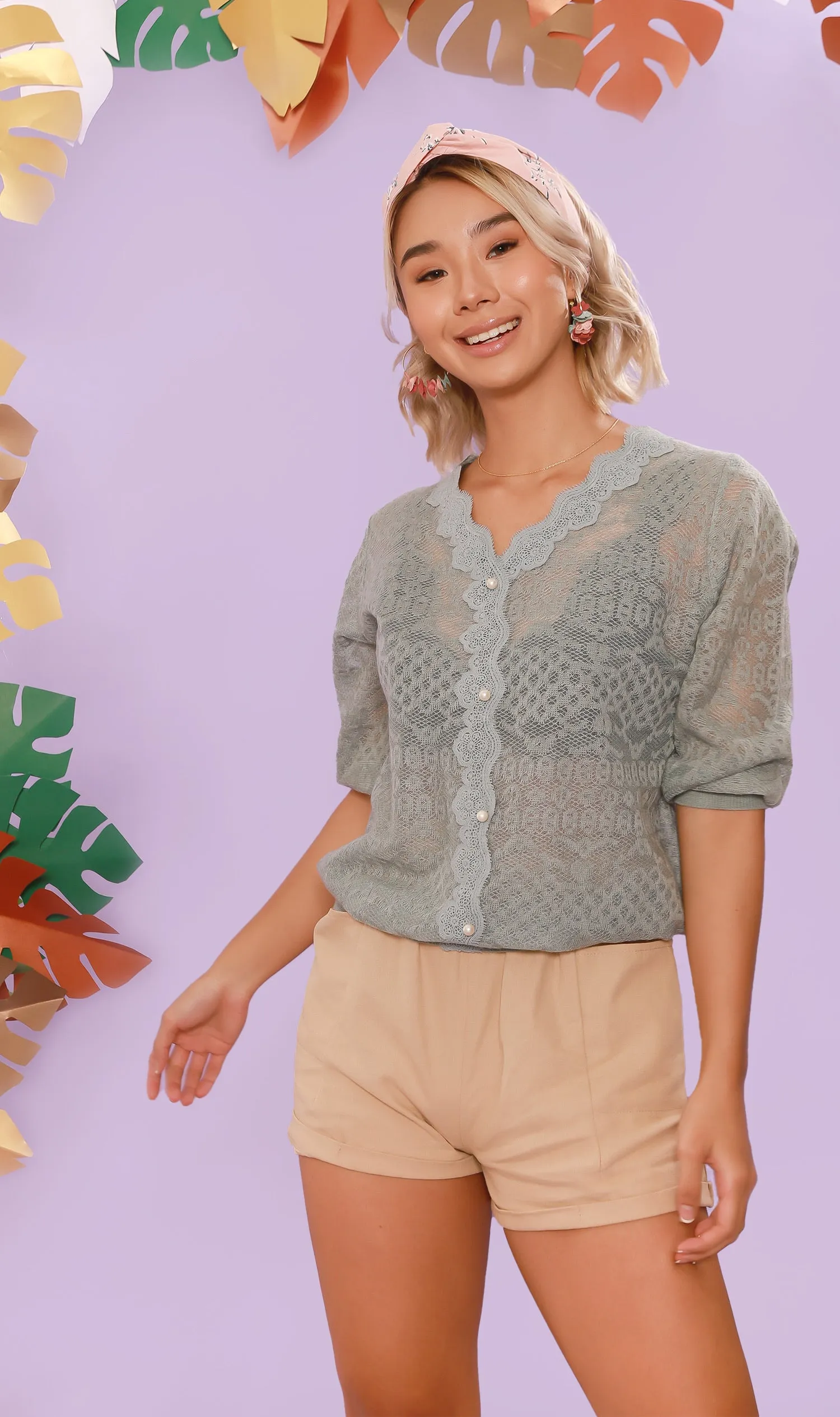 FRANCES Lace-Trimmed Top  (Pale Teal)