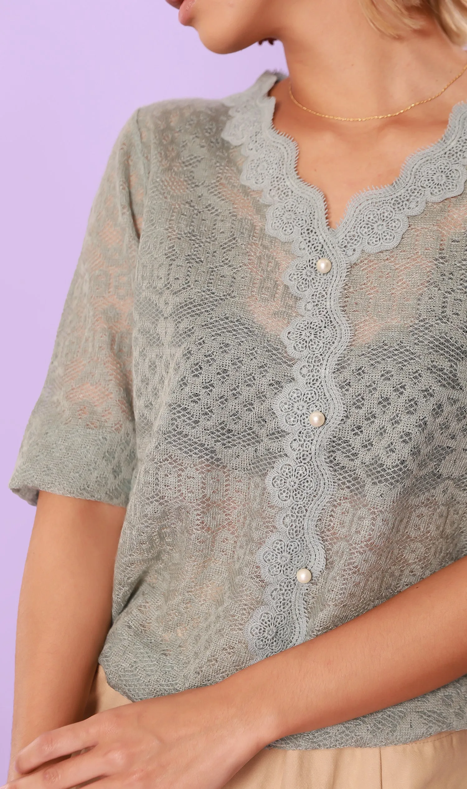 FRANCES Lace-Trimmed Top  (Pale Teal)