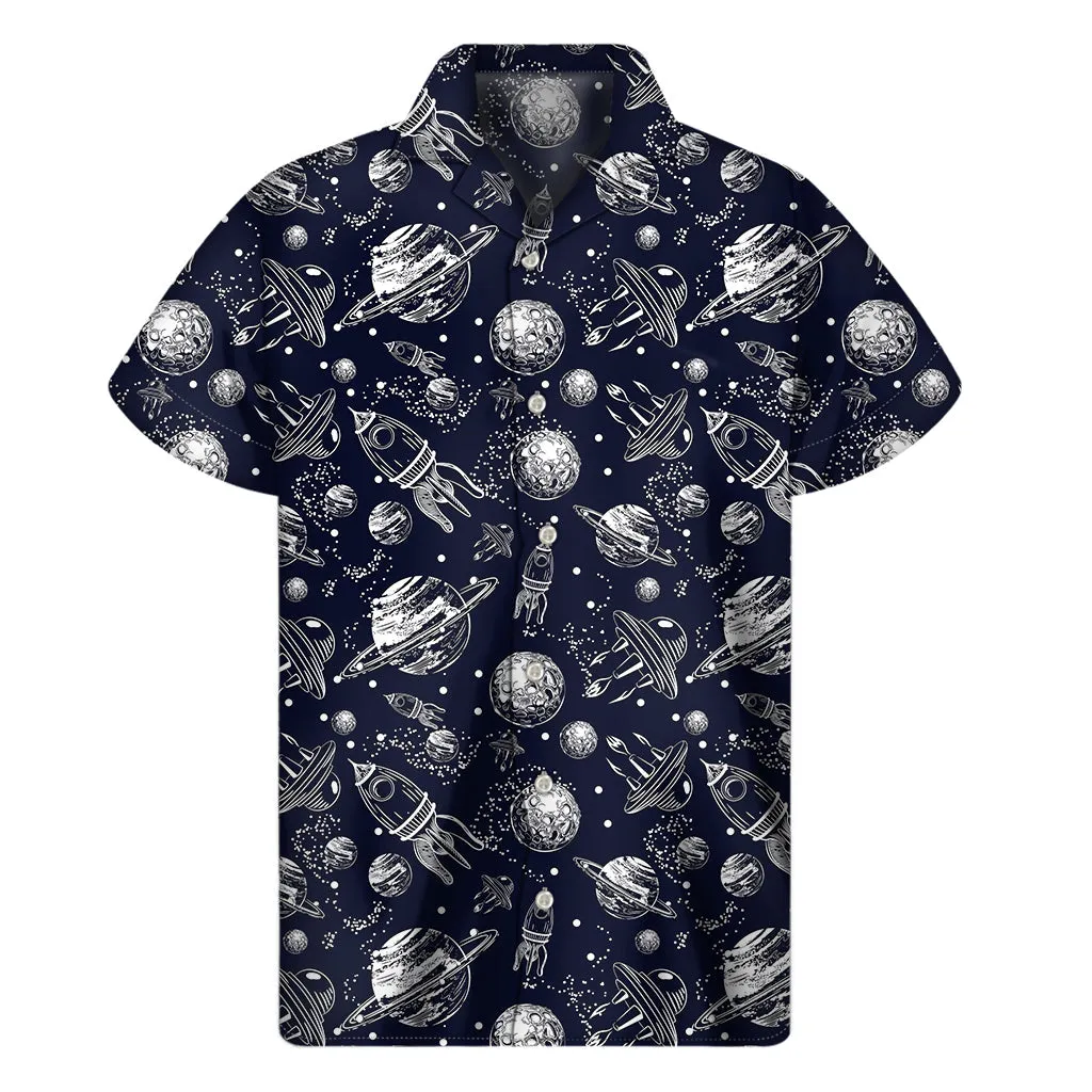 Galactic Aloha: Men's Hawaiian Short Sleeve Shirt with UFO Pattern