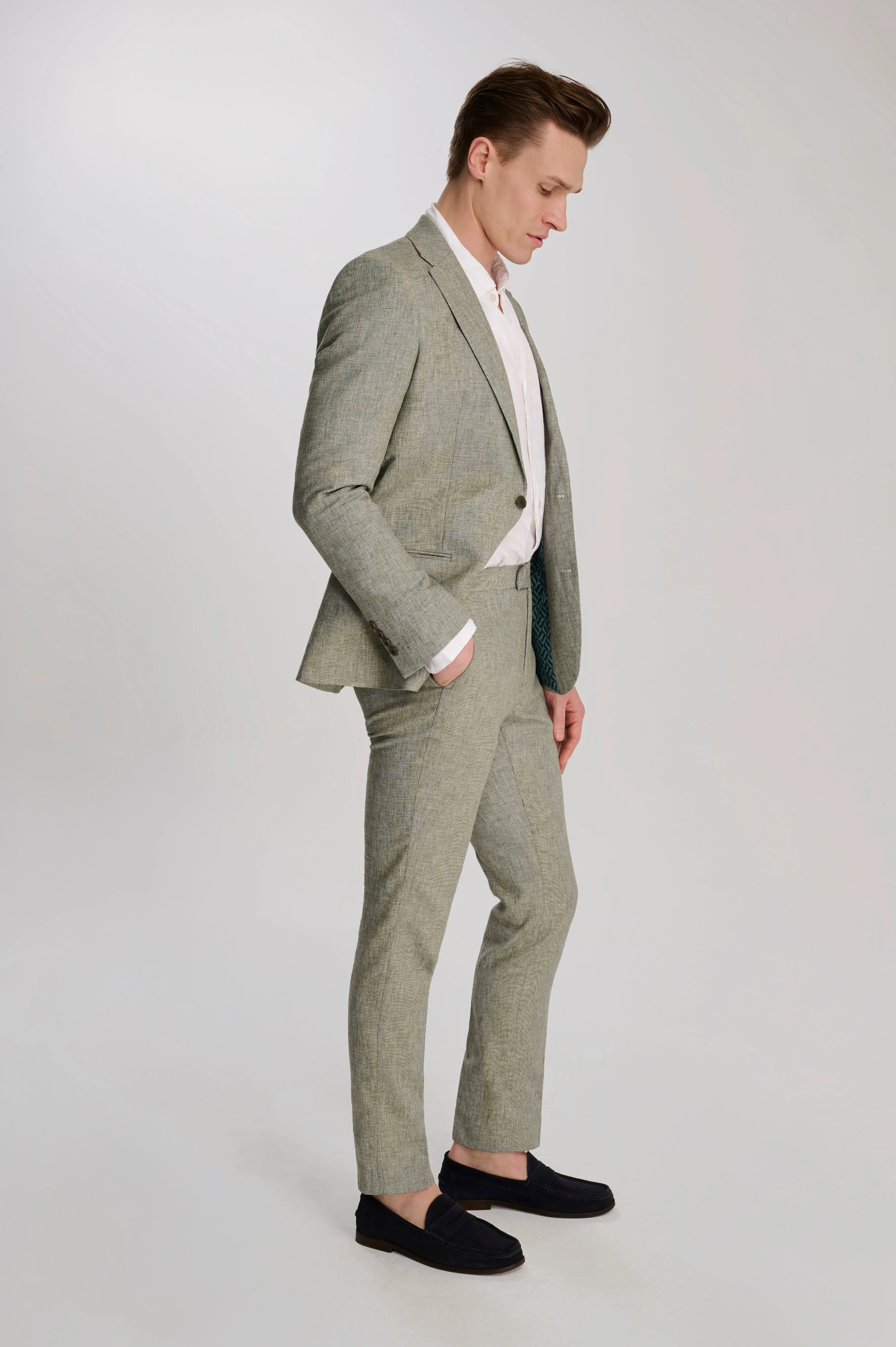 Giacomo Slim Fit Cotton Linen Suit Trousers in Green