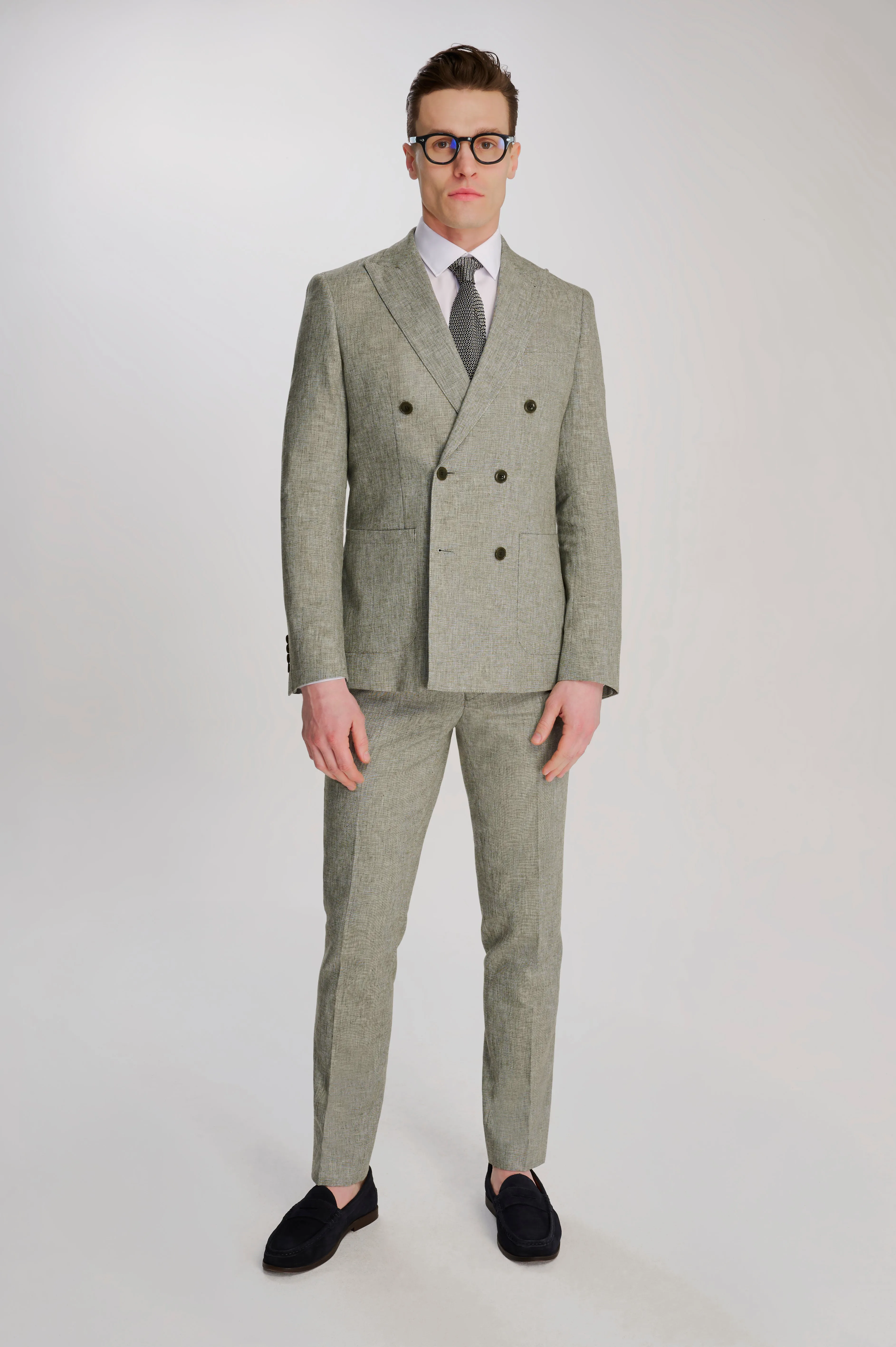 Giacomo Slim Fit Cotton Linen Suit Trousers in Green