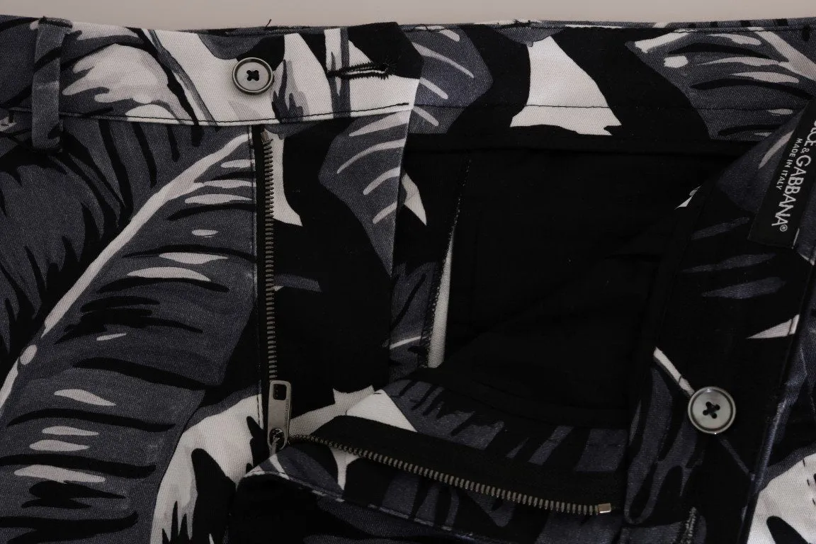 Gray Banana Leaf Print Cotton Shorts