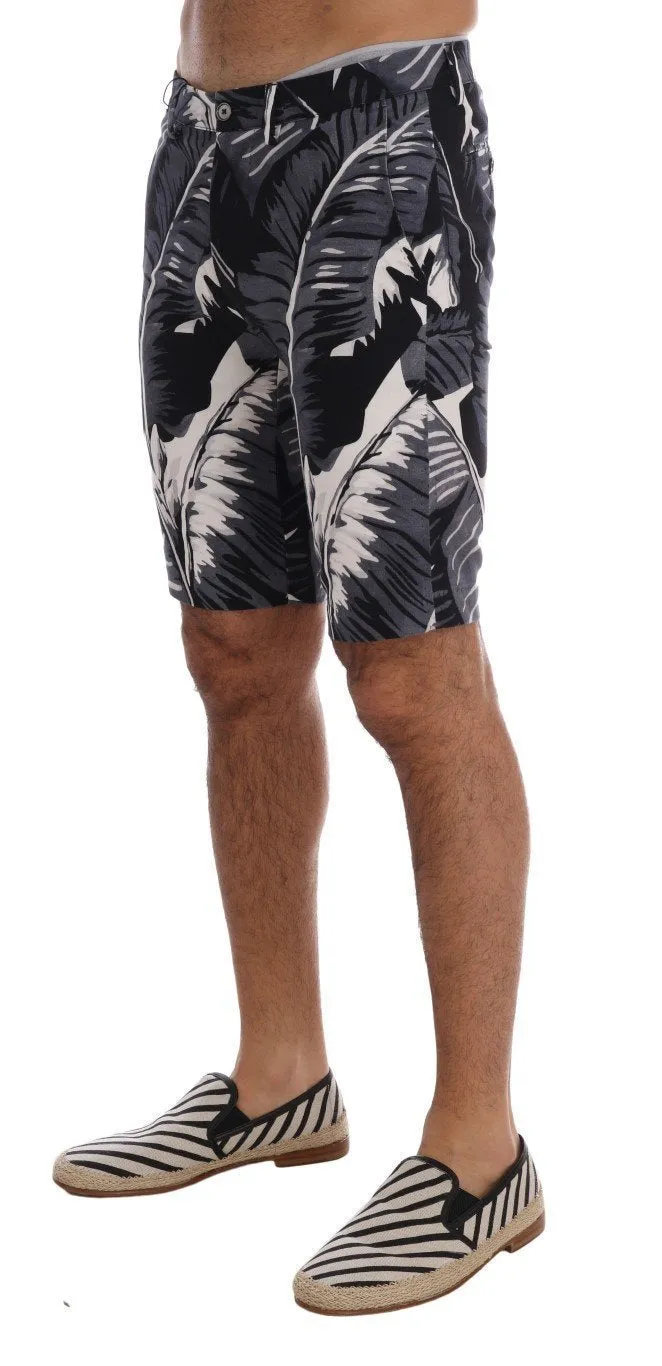 Gray Banana Leaf Print Cotton Shorts
