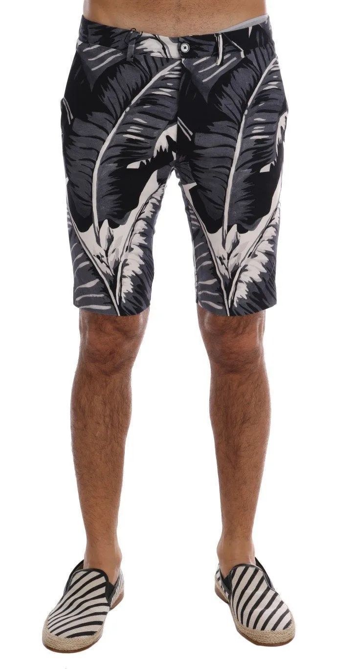 Gray Banana Leaf Print Cotton Shorts