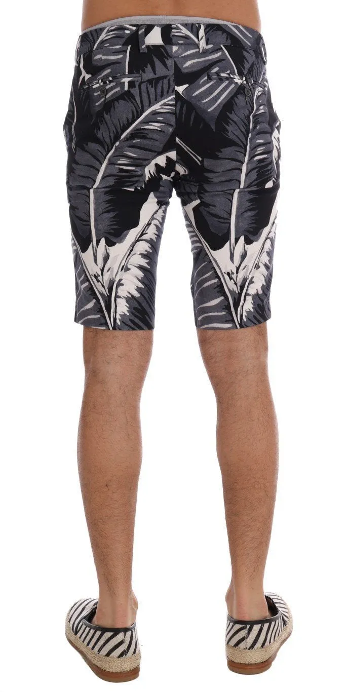 Gray Banana Leaf Print Cotton Shorts