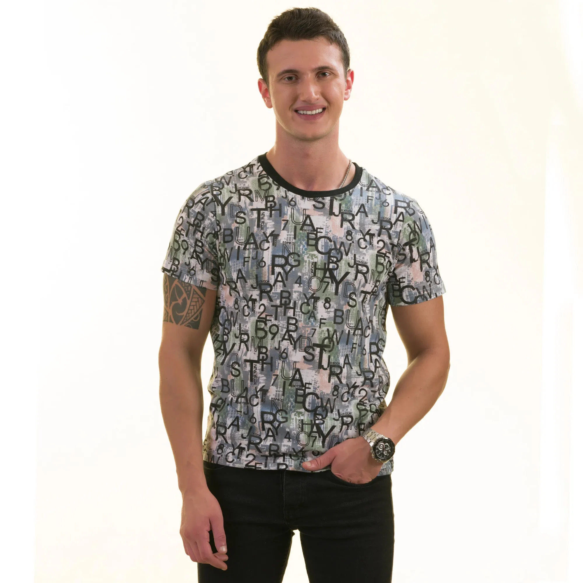 Gray Khaki Printed European Made Premium Quality T-Shirt - Crew Neck Short Sleeve T-Shirts