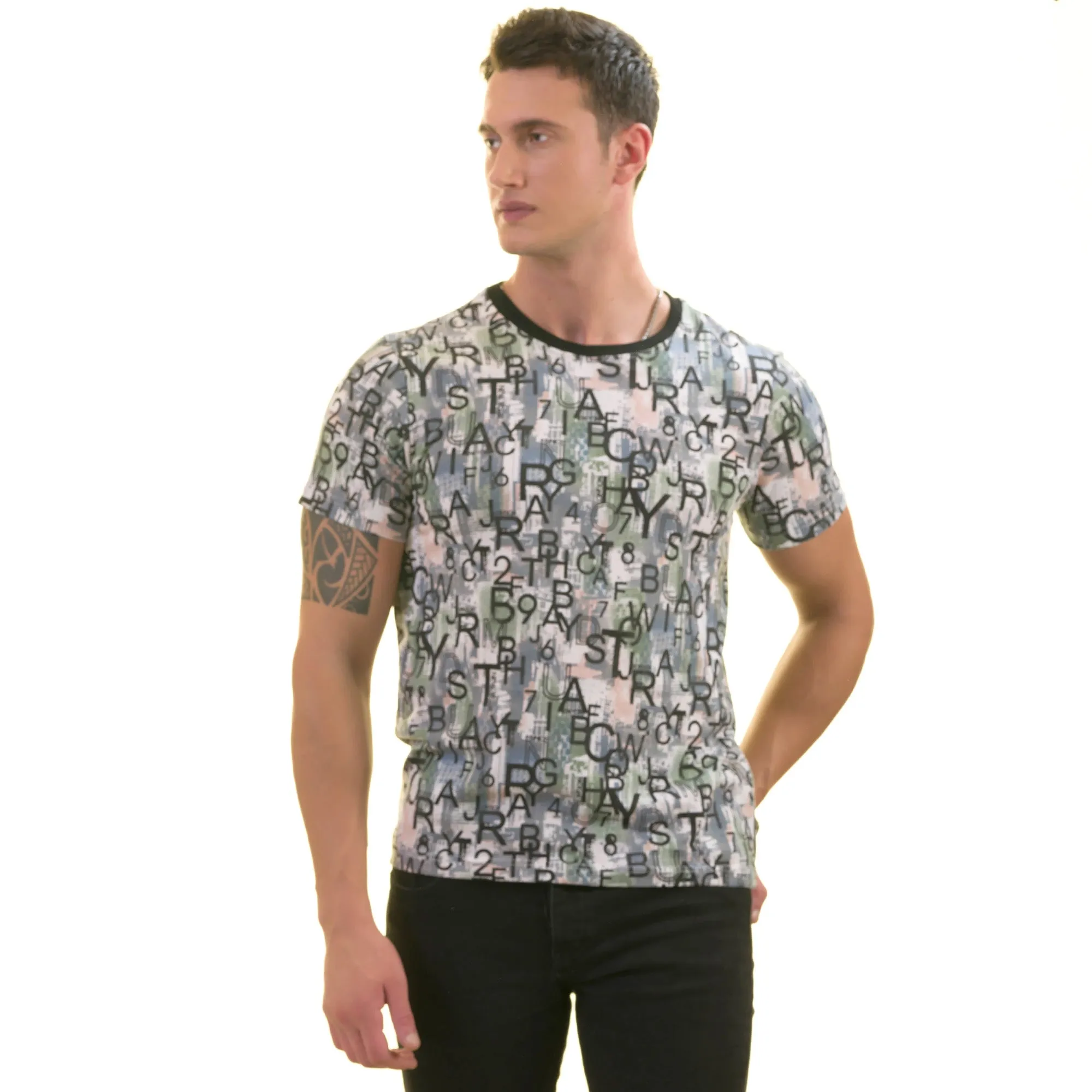 Gray Khaki Printed European Made Premium Quality T-Shirt - Crew Neck Short Sleeve T-Shirts