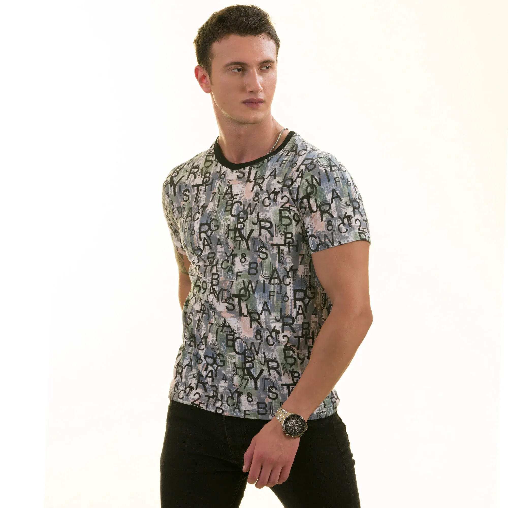 Gray Khaki Printed European Made Premium Quality T-Shirt - Crew Neck Short Sleeve T-Shirts