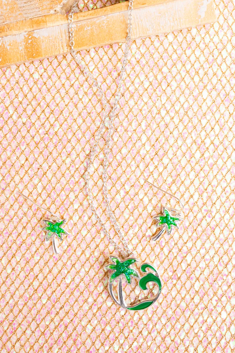 Green Wave Break Island Palm Tree Necklace and Earring Set