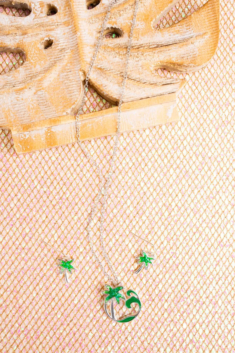 Green Wave Break Island Palm Tree Necklace and Earring Set