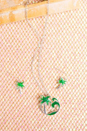 Green Wave Break Island Palm Tree Necklace and Earring Set