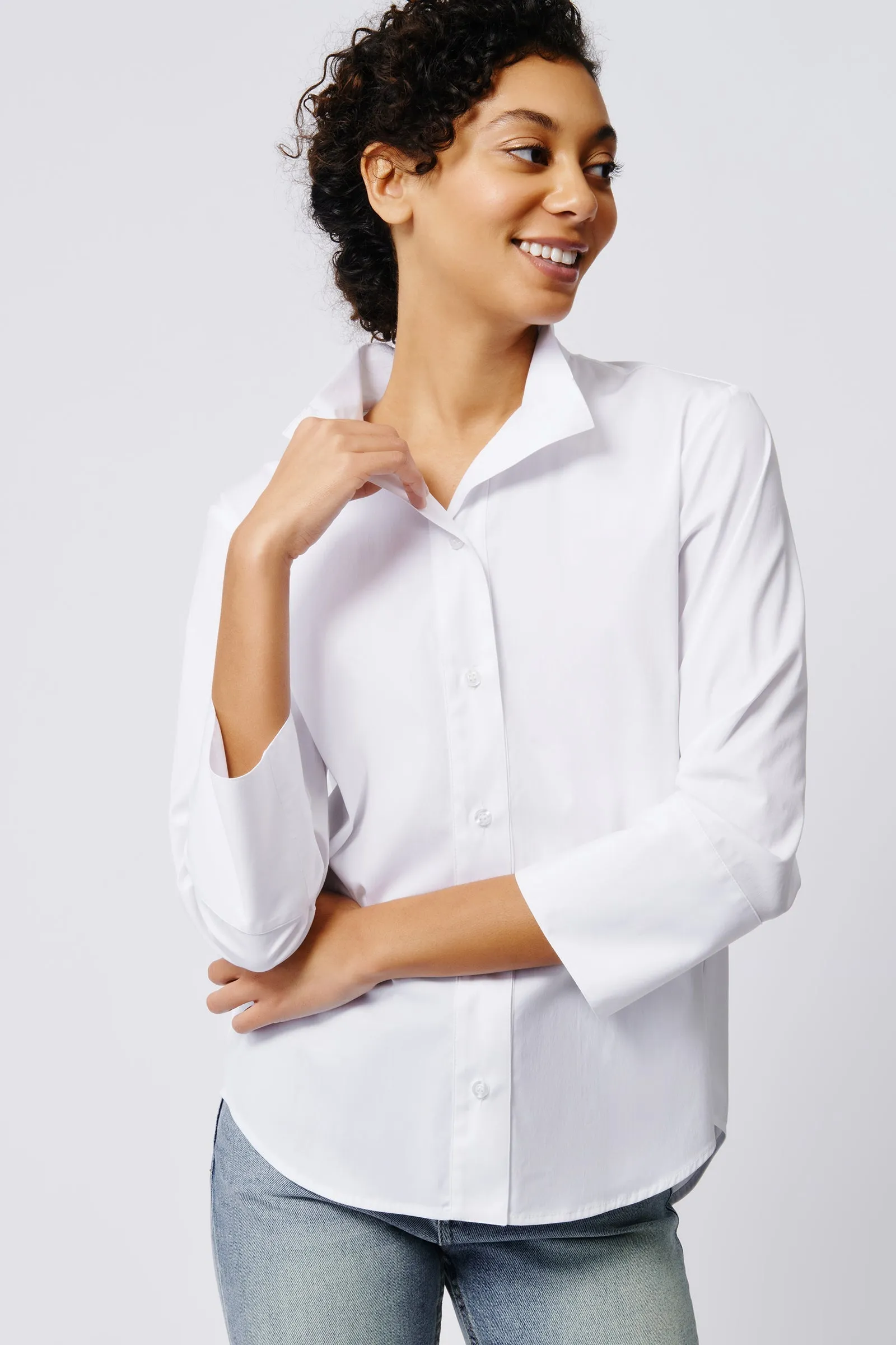Greta Placket Front Shirt - White Stretch