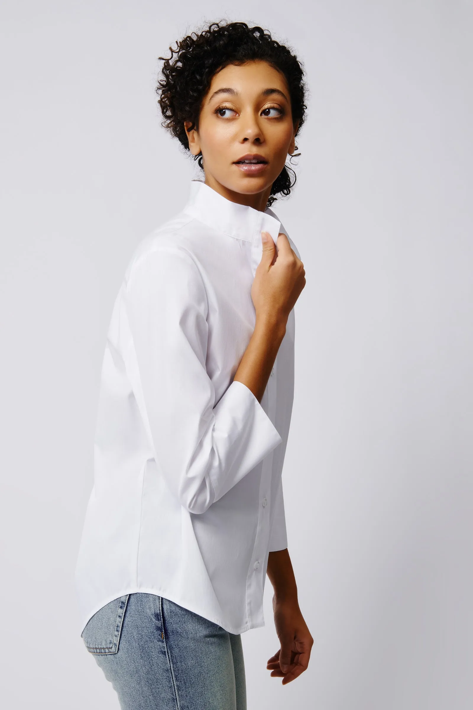 Greta Placket Front Shirt - White Stretch