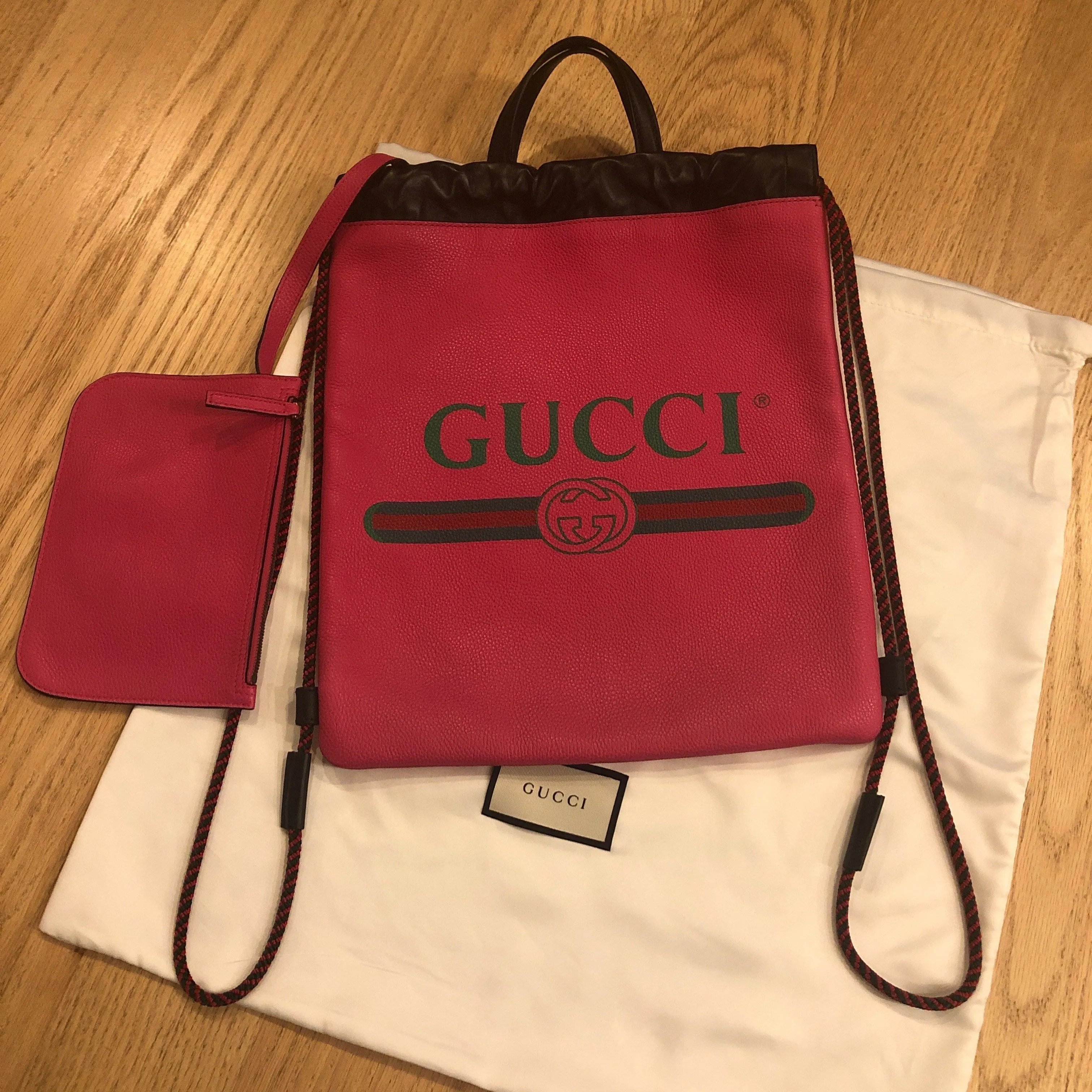 Gucci 2018 Leather Drawstring Backpack in Pink with Pouch
