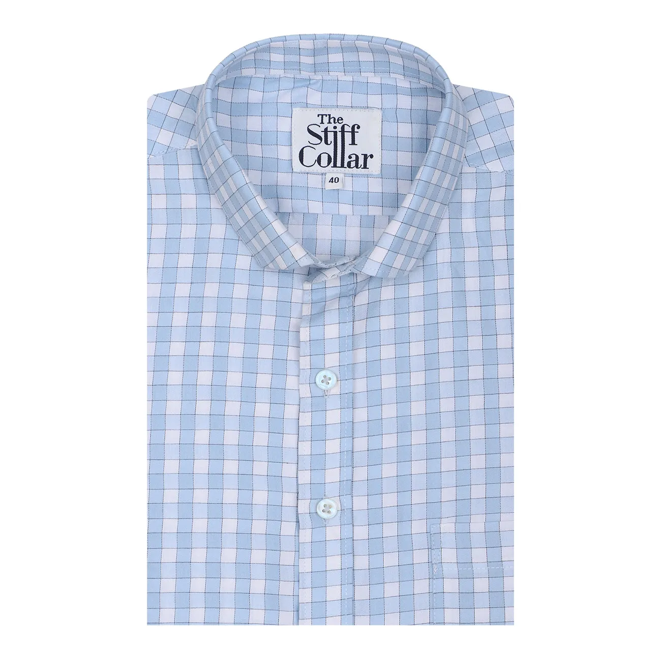 Ice Blue Outlined Gingham Check Regular Fit 2 Ply Giza Cotton Shirt