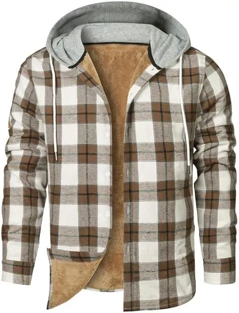 JMIERR Men's Fleece Lined Cotton Shirts Sherpa Casual Button Down Shirt Shackets Flannel Hoodie Plaid Shirts Jacket