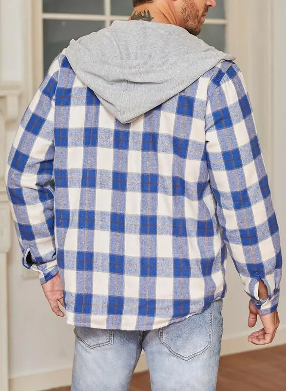 JMIERR Men's Fleece Lined Cotton Shirts Sherpa Casual Button Down Shirt Shackets Flannel Hoodie Plaid Shirts Jacket
