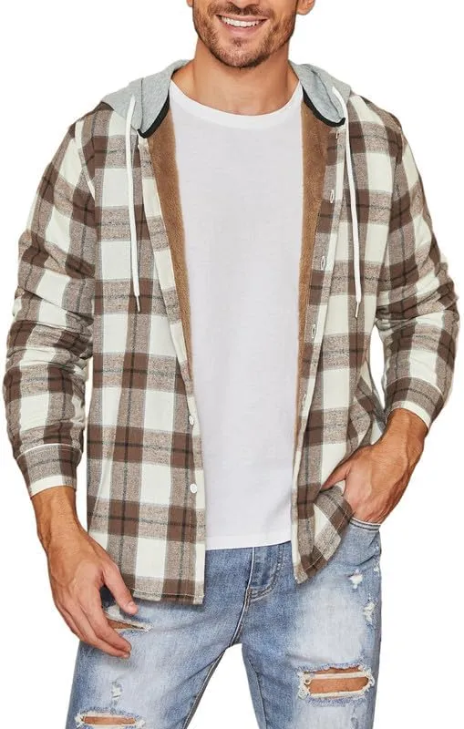 JMIERR Men's Fleece Lined Cotton Shirts Sherpa Casual Button Down Shirt Shackets Flannel Hoodie Plaid Shirts Jacket