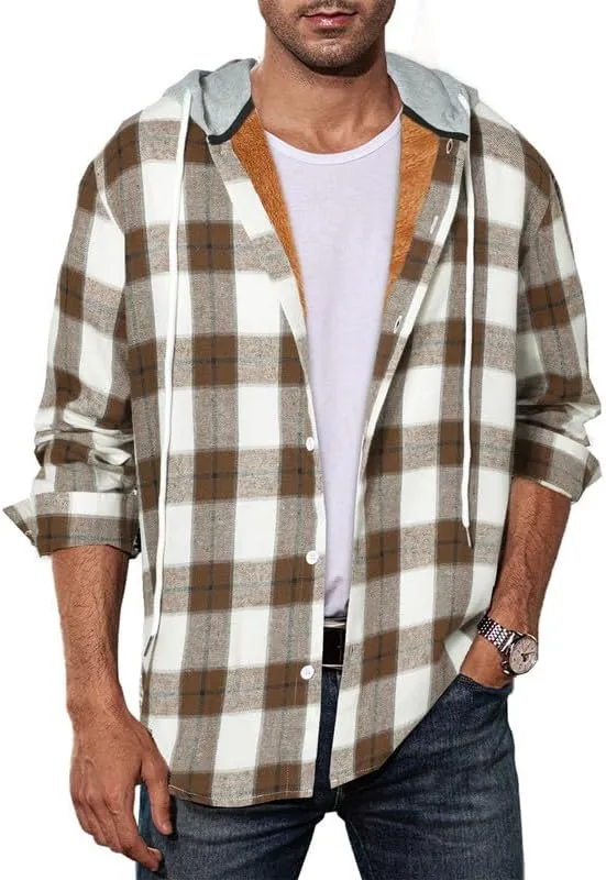 JMIERR Men's Fleece Lined Cotton Shirts Sherpa Casual Button Down Shirt Shackets Flannel Hoodie Plaid Shirts Jacket