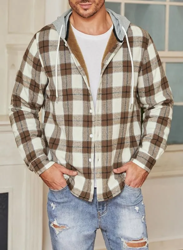 JMIERR Men's Fleece Lined Cotton Shirts Sherpa Casual Button Down Shirt Shackets Flannel Hoodie Plaid Shirts Jacket