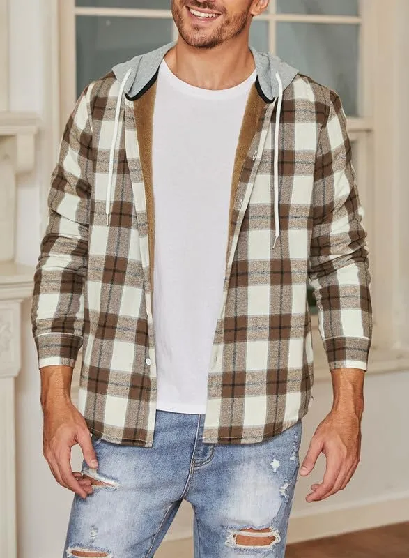 JMIERR Men's Fleece Lined Cotton Shirts Sherpa Casual Button Down Shirt Shackets Flannel Hoodie Plaid Shirts Jacket