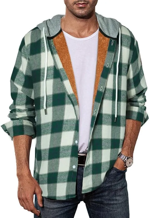 JMIERR Men's Fleece Lined Cotton Shirts Sherpa Casual Button Down Shirt Shackets Flannel Hoodie Plaid Shirts Jacket