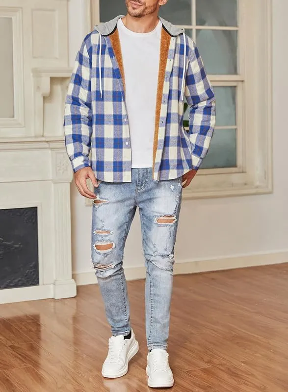 JMIERR Men's Fleece Lined Cotton Shirts Sherpa Casual Button Down Shirt Shackets Flannel Hoodie Plaid Shirts Jacket