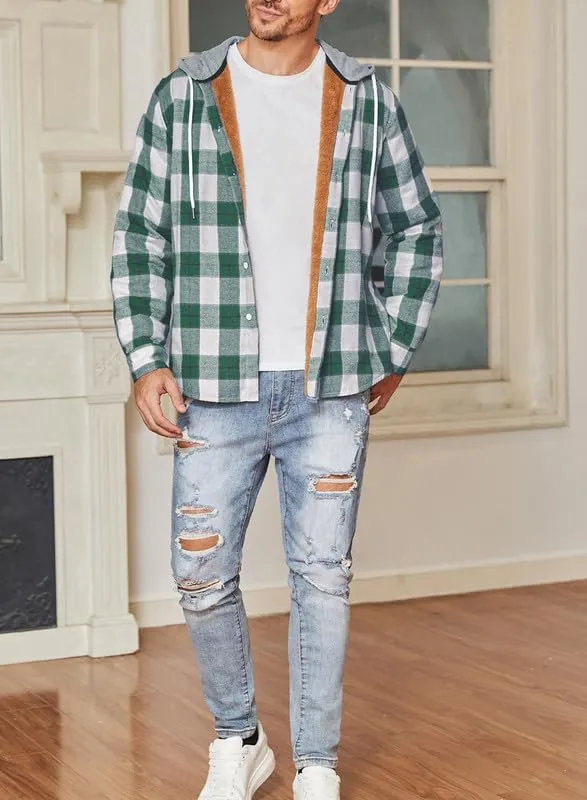 JMIERR Men's Fleece Lined Cotton Shirts Sherpa Casual Button Down Shirt Shackets Flannel Hoodie Plaid Shirts Jacket