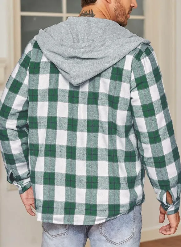 JMIERR Men's Fleece Lined Cotton Shirts Sherpa Casual Button Down Shirt Shackets Flannel Hoodie Plaid Shirts Jacket