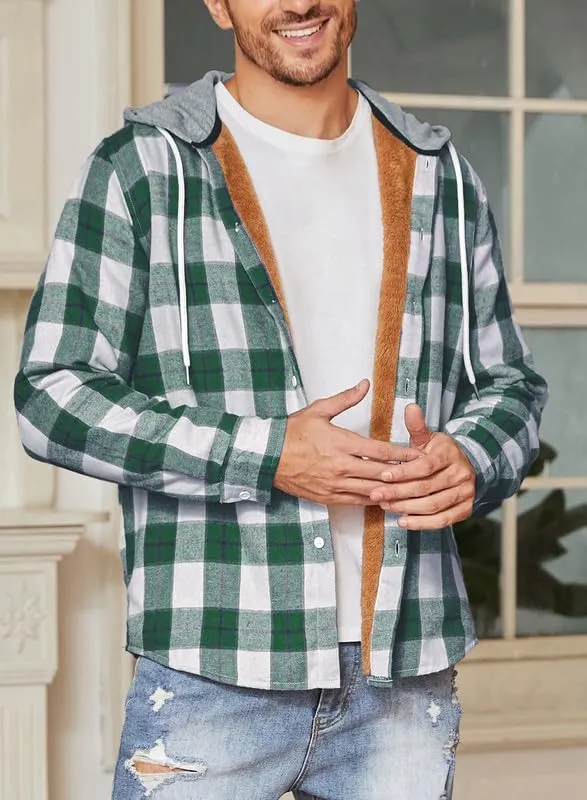 JMIERR Men's Fleece Lined Cotton Shirts Sherpa Casual Button Down Shirt Shackets Flannel Hoodie Plaid Shirts Jacket