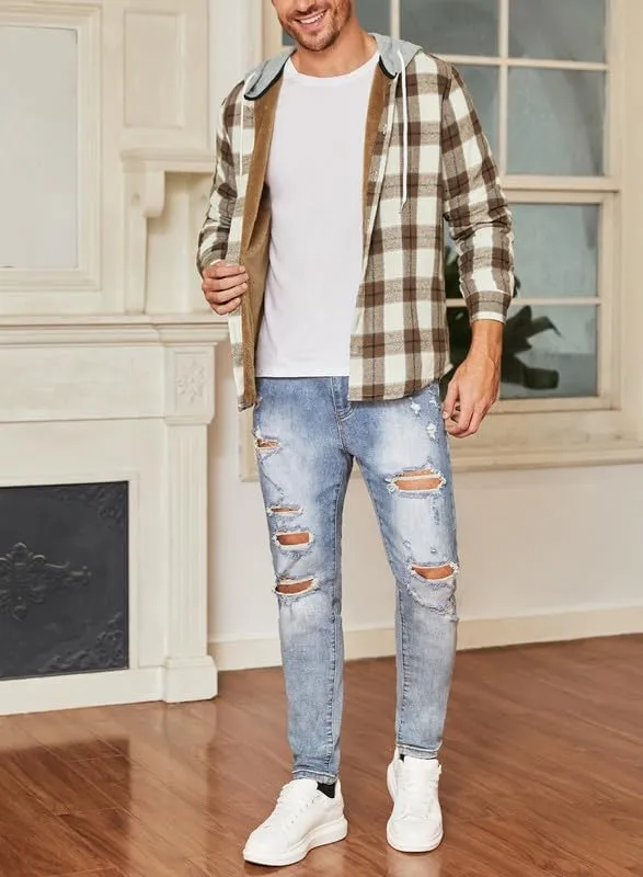 JMIERR Men's Fleece Lined Cotton Shirts Sherpa Casual Button Down Shirt Shackets Flannel Hoodie Plaid Shirts Jacket
